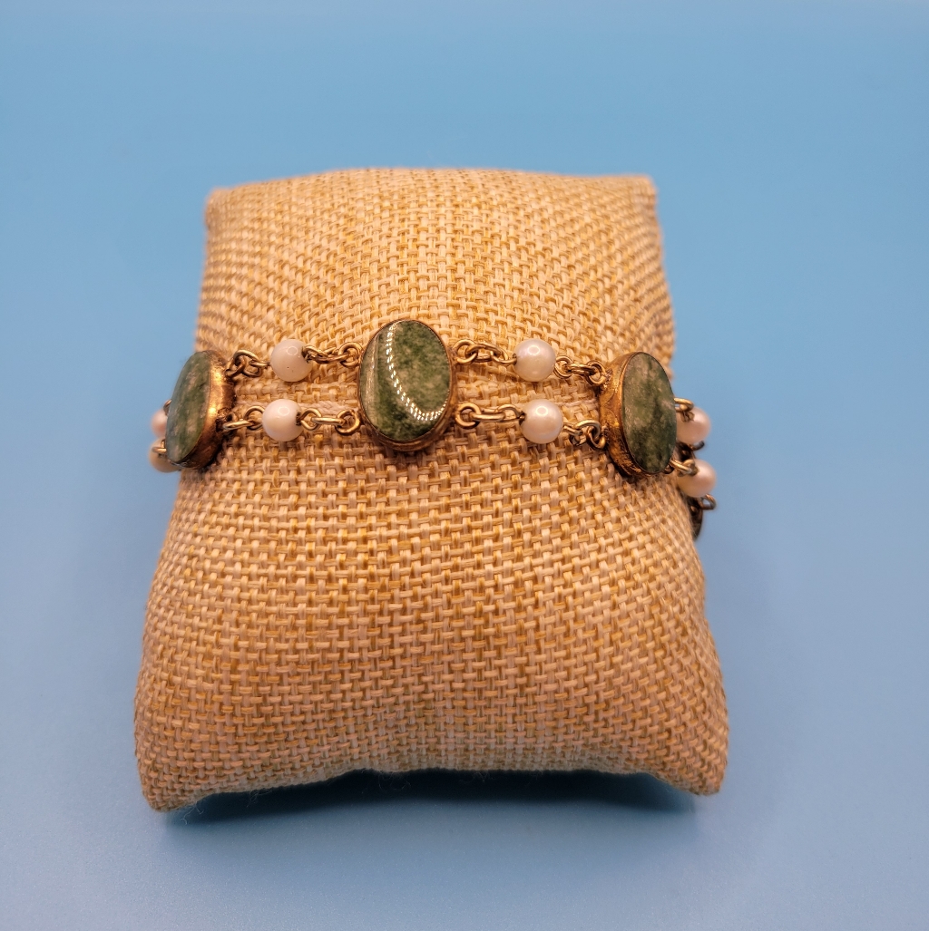Vintage Serpentine And Pearl Oval Gold Filled Link Bracelet